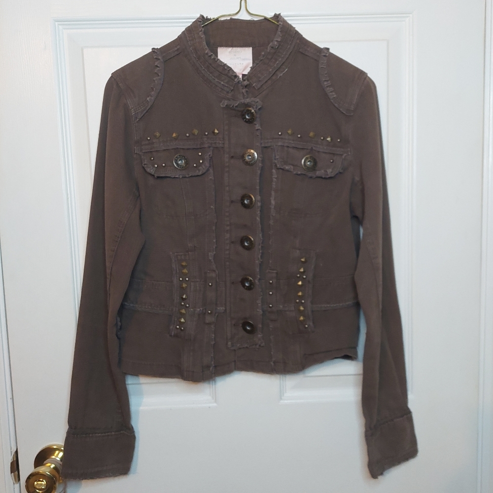 Romeo & Juliet Couture Brown Denim Studded Distressed Moto Grunge Jacket Sz M